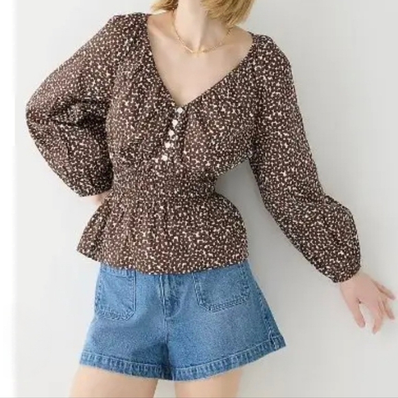 J. Crew Tops - J.Crew V-Neck Smocked-Waist Top Mocha Brown Floral Size Large